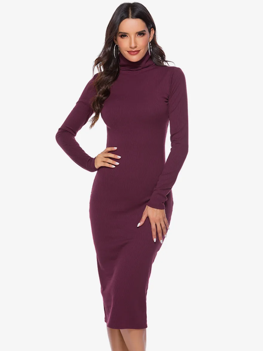 Robe tricotée pour femme en polyester confortable à manches longues et col haut