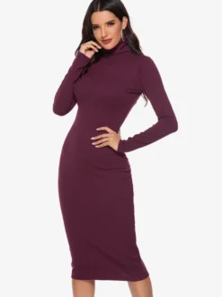 Robe tricotée pour femme en polyester confortable à manches longues et col haut