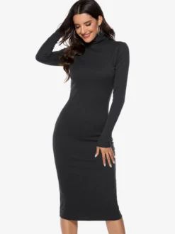 Robe tricotée pour femme en polyester confortable à manches longues et col haut