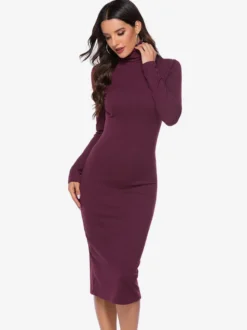Robe tricotée pour femme en polyester confortable à manches longues et col haut