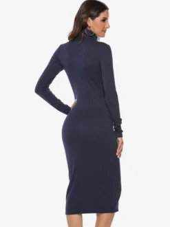 Robe tricotée pour femme en polyester confortable à manches longues et col haut
