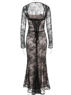 Robe trompette à lacets découpes broderie florale manches longues robes de bal