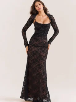 Robe trompette à lacets découpes broderie florale manches longues robes de bal