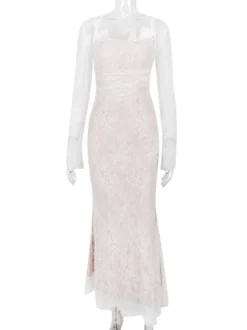 Robe trompette à lacets découpes broderie florale manches longues robes de bal