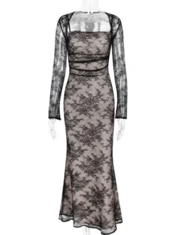 Robe trompette à lacets découpes broderie florale manches longues robes de bal
