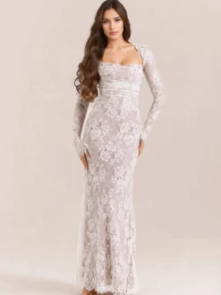 Robe trompette à lacets découpes broderie florale manches longues robes de bal