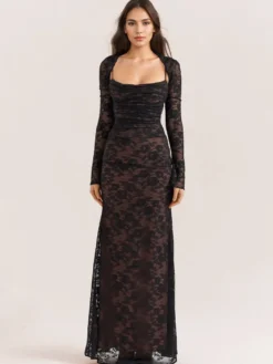 Robe trompette à lacets découpes broderie florale manches longues robes de bal