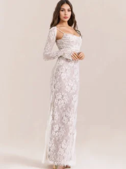 Robe trompette à lacets découpes broderie florale manches longues robes de bal