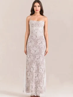 Robe trompette à lacets découpes broderie florale manches longues robes de bal
