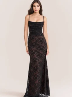 Robe trompette à lacets découpes broderie florale manches longues robes de bal