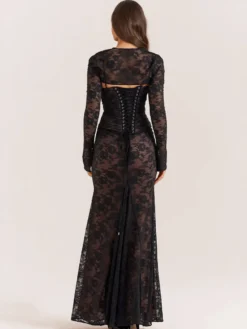 Robe trompette à lacets découpes broderie florale manches longues robes de bal