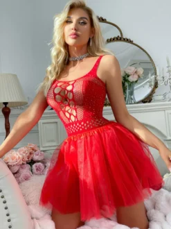 Robe tutu en résille strass sans manches mini-robe en tulle ajourée tenue de soirée/club/lingerie pour femme