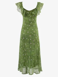 Robe verte sans manches à col en V et taille haute pour femme ornée de fleurs douces.
