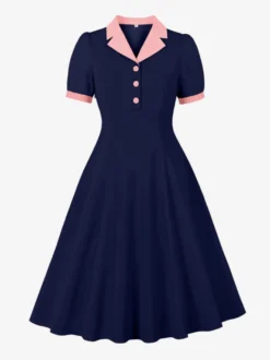 Robe vintage années 1950 à col à revers manches courtes bouffantes style rockabilly rétro