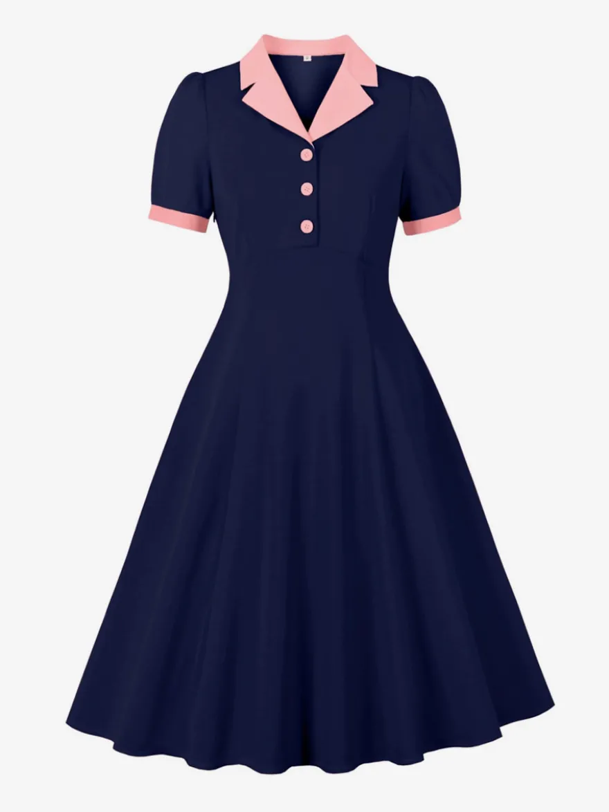 Robe vintage années 1950 à col à revers manches courtes bouffantes style rockabilly rétro