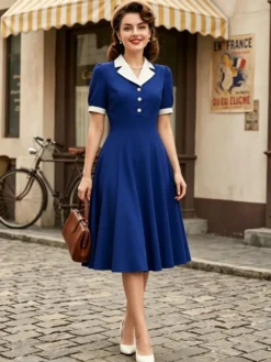 Robe vintage années 1950 à col à revers manches courtes bouffantes style rockabilly rétro
