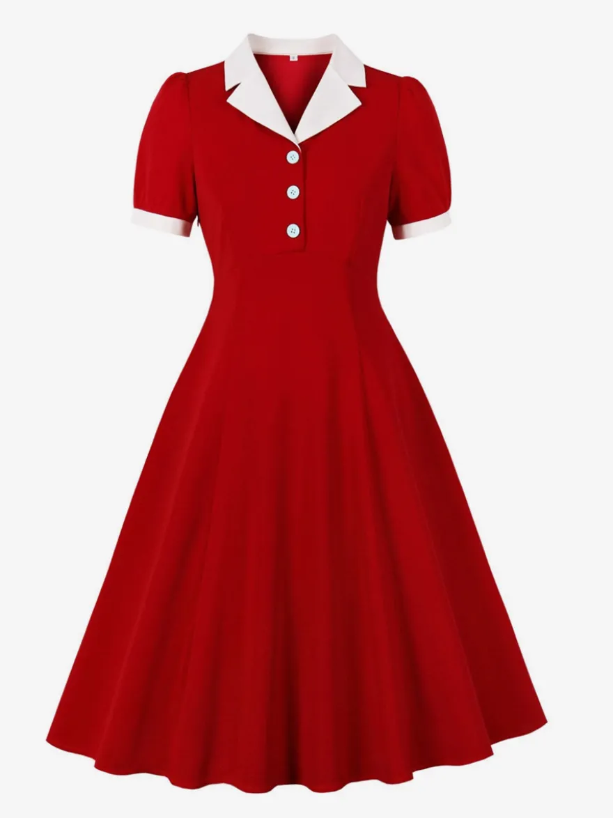 Robe vintage années 1950 à col à revers manches courtes bouffantes style rockabilly rétro