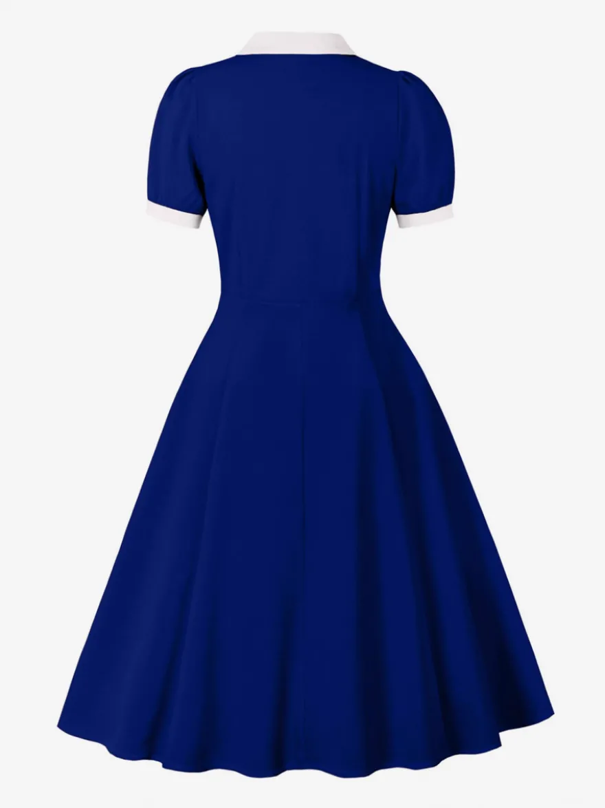 Robe vintage années 1950 à col à revers manches courtes bouffantes style rockabilly rétro