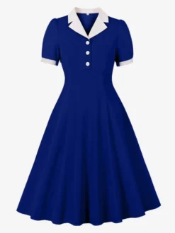 Robe vintage années 1950 à col à revers manches courtes bouffantes style rockabilly rétro