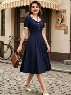 Robe vintage années 1950 à col à revers manches courtes bouffantes style rockabilly rétro