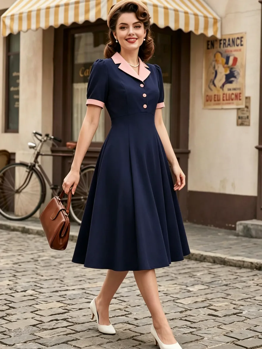 Robe vintage années 1950 à col à revers manches courtes bouffantes style rockabilly rétro