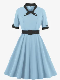 Robe vintage années 1950 jaune bicolore à nœuds manches courtes col orné coupe trapèze mi-longue