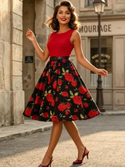 Robe vintage années 1950 robe trapèze fleurie sans manches robe midi style tea party