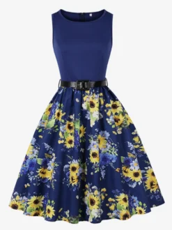 Robe vintage années 1950 robe trapèze fleurie sans manches robe midi style tea party