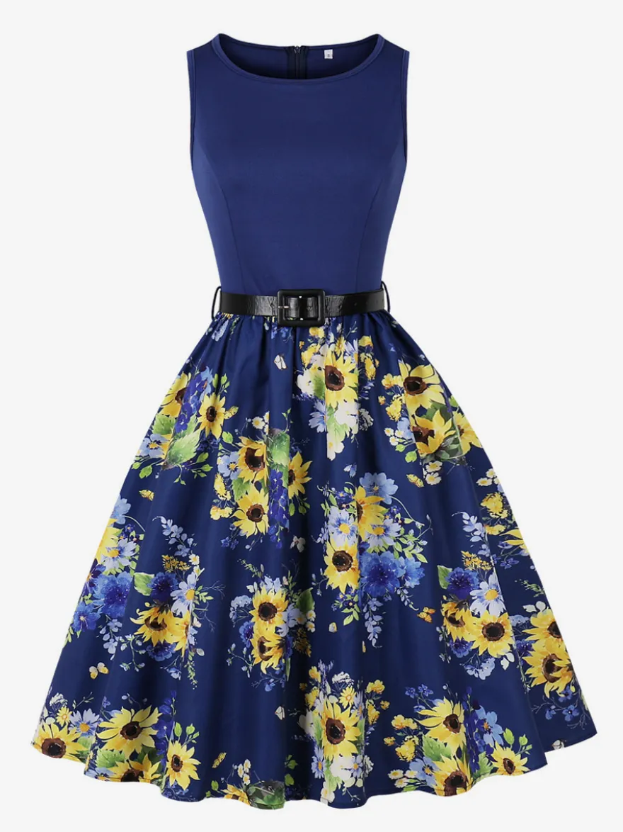 Robe vintage années 1950 robe trapèze fleurie sans manches robe midi style tea party