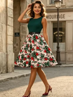 Robe vintage années 1950 robe trapèze fleurie sans manches robe midi style tea party