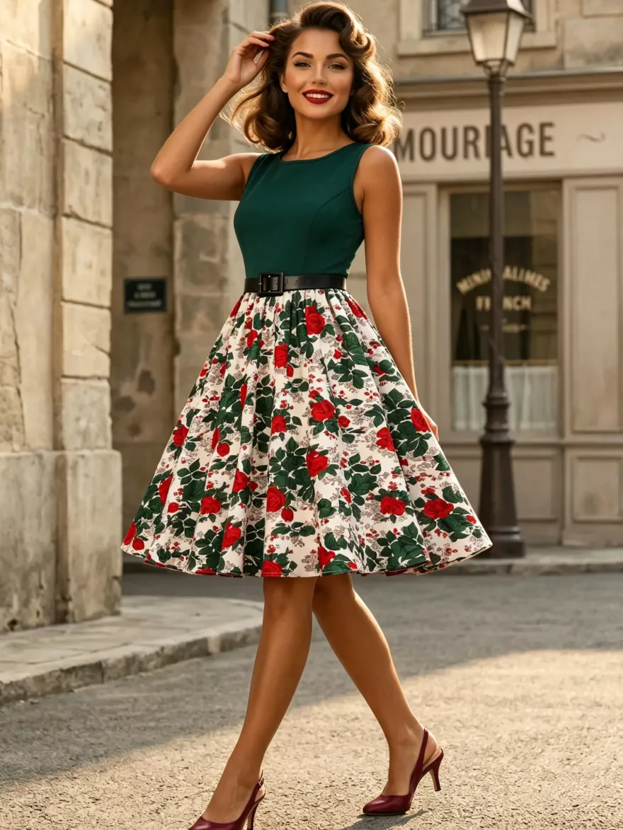 Robe vintage années 1950 robe trapèze fleurie sans manches robe midi style tea party