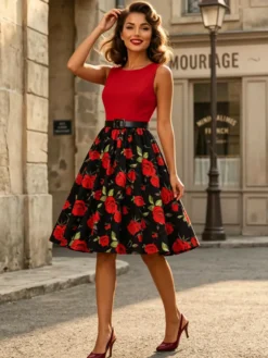 Robe vintage années 1950 robe trapèze fleurie sans manches robe midi style tea party