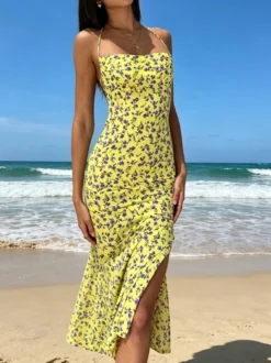 Robe vintage fleurie dos nu sans manches à col halter et fente latérale robe d'été sexy longueur genou