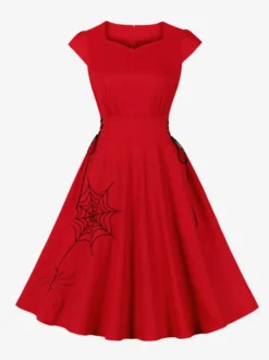 Robe vintage gothique brodée toile d'araignée robe midi femme manches courtes col V lacé coupe trapèze rouge et noire