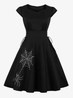 Robe vintage gothique brodée toile d'araignée robe midi femme manches courtes col V lacé coupe trapèze rouge et noire
