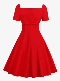 Robe vintage gothique à col carré robe midi femme à manches courtes froncées et lacée empiècement en dentelle robe trapèze rouge et noire
