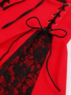 Robe vintage gothique à col carré robe midi femme à manches courtes froncées et lacée empiècement en dentelle robe trapèze rouge et noire