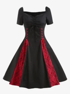 Robe vintage gothique à col carré robe midi femme à manches courtes froncées et lacée empiècement en dentelle robe trapèze rouge et noire