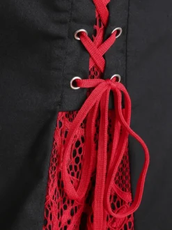 Robe vintage gothique à col carré robe midi femme à manches courtes froncées et lacée empiècement en dentelle robe trapèze rouge et noire