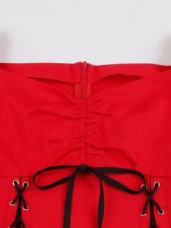 Robe vintage gothique à col carré robe midi femme à manches courtes froncées et lacée empiècement en dentelle robe trapèze rouge et noire