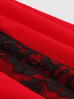 Robe vintage gothique à col carré robe midi femme à manches courtes froncées et lacée empiècement en dentelle robe trapèze rouge et noire