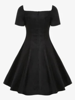 Robe vintage gothique à col carré robe midi femme à manches courtes froncées et lacée empiècement en dentelle robe trapèze rouge et noire
