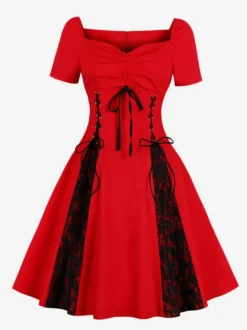 Robe vintage gothique à col carré robe midi femme à manches courtes froncées et lacée empiècement en dentelle robe trapèze rouge et noire