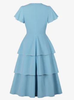 Robe vintage élégante pour femme robe midi à volants manches courtes papillon nœud sur le devant coupe cintrée et évasée