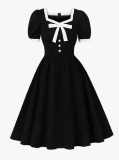 Robe vintage mi-longue à col carré et nœud manches bouffantes boutons décoratifs taille haute coupe trapèze