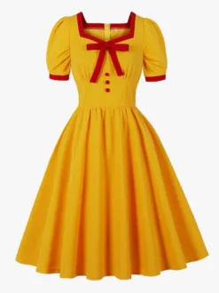 Robe vintage mi-longue à col carré et nœud manches bouffantes boutons décoratifs taille haute coupe trapèze