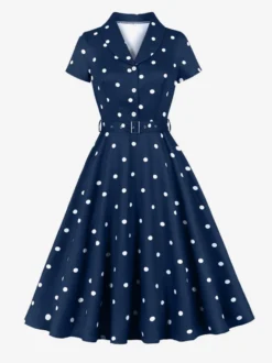 Robe vintage à pois revers manches courtes boutons sur le devant ceinture ajustable robe midi évasée style rétro