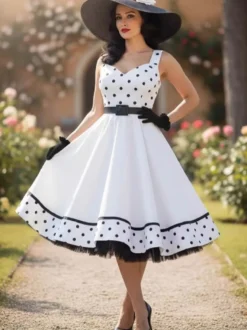 Robe vintage à pois sans manches décolleté cœur ceinture contrastée à l'ourlet style rétro coupe midi évasée