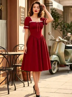 Robe vintage pour femme manches bouffantes coupe midi col carré nœud sur le devant évasée.
