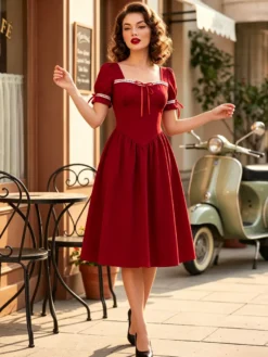 Robe vintage pour femme manches bouffantes coupe midi col carré nœud sur le devant évasée.
